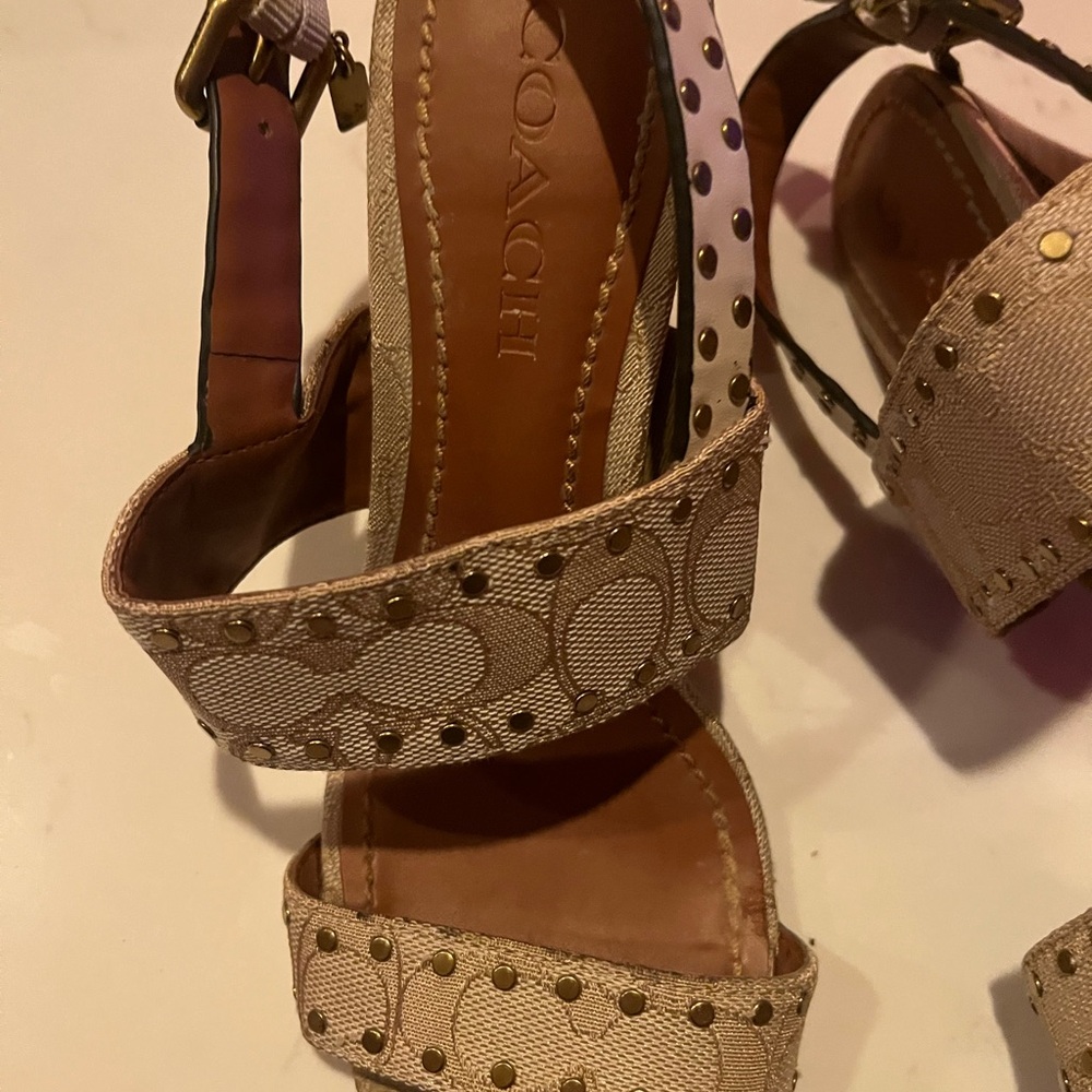 Coach Rylie Beige C Monogram Fabric Studded Leather Block Sandal Heels US8 - Picture 2 of 7